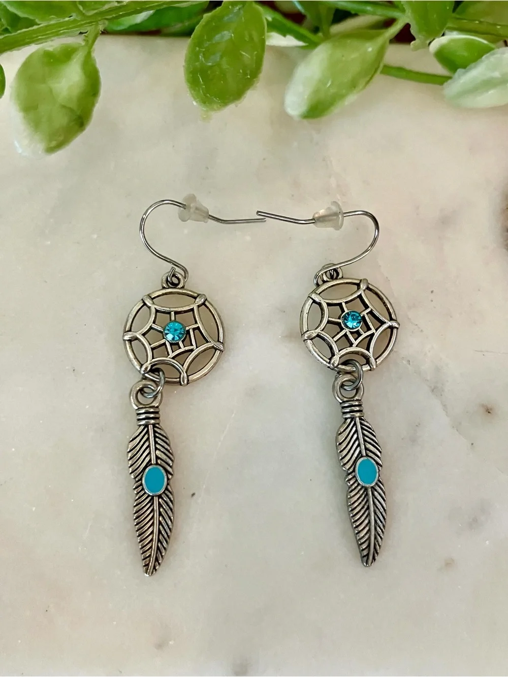 Silver Tone Turquoise Dreamcatcher Feather Dangle Earrings